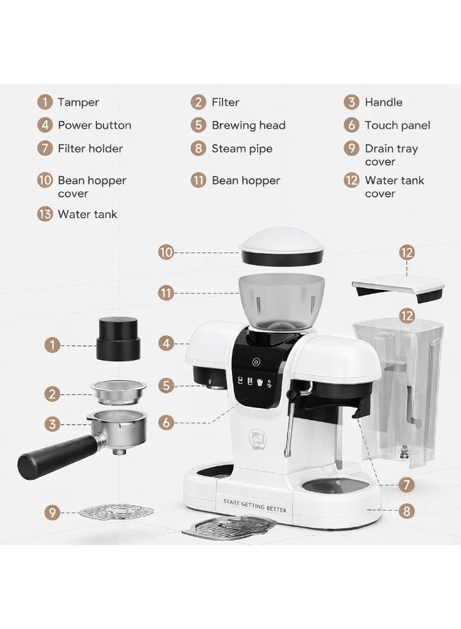 i cafilas Semi-Automatic Espresso Machine with Grinder – 19 Bar Pressure, Touch Control, Steam Wand, Stainless Steel Coffee Maker for Home & Office - Image 3